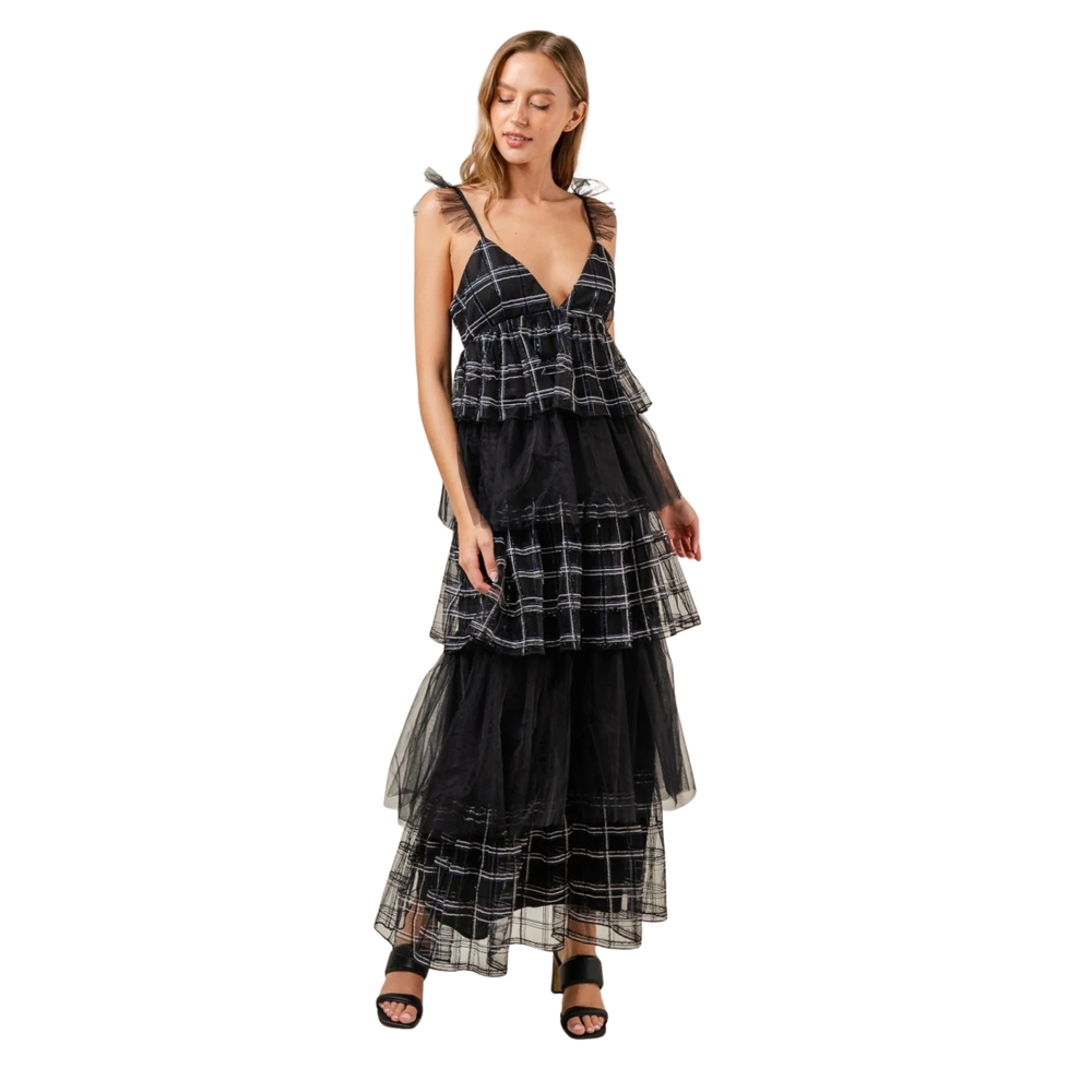 Fab’rik Black Plaid Whimsigoth Tiered Tulle‎ Maxi Dress Women’s Size M NWT